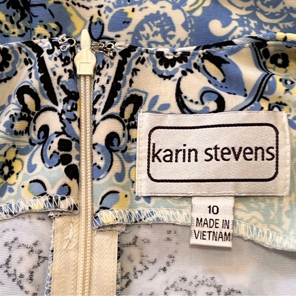 KARIN STEVENS sheath dress size 10 sleeveless white blue black - Picture 5 of 9